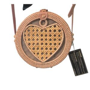 Truessa Round Rattan Crossbody Bag with Heart Woven Detail, NWT